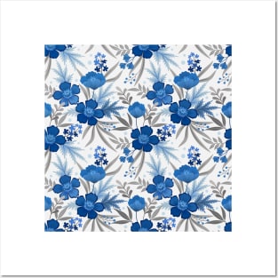 Pretty Blue Color Flower Pattern Posters and Art